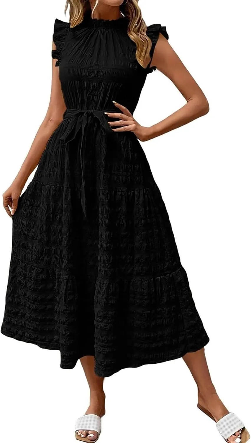 Summer Maxi Dresses for Women 2025 Flutter Short Sleeve Smocked Neck Long Dress Tiered Lace-up Wedding Guest Dress