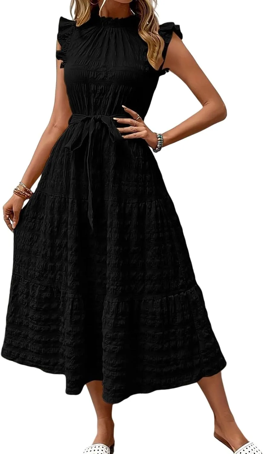 Summer Maxi Dresses for Women 2025 Flutter Short Sleeve Smocked Neck Long Dress Tiered Lace-up Wedding Guest Dress