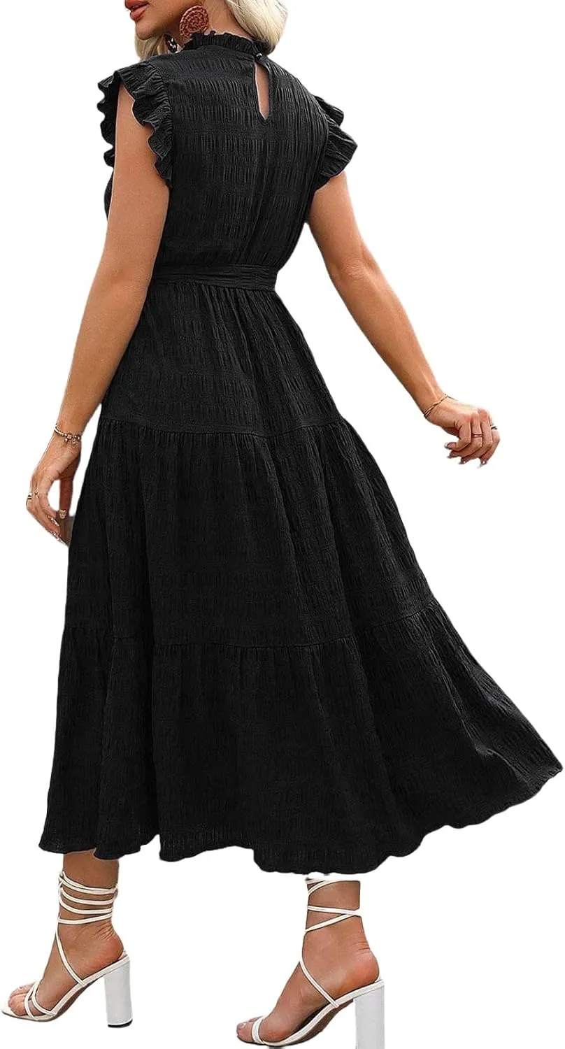 Summer Maxi Dresses for Women 2025 Flutter Short Sleeve Smocked Neck Long Dress Tiered Lace-up Wedding Guest Dress