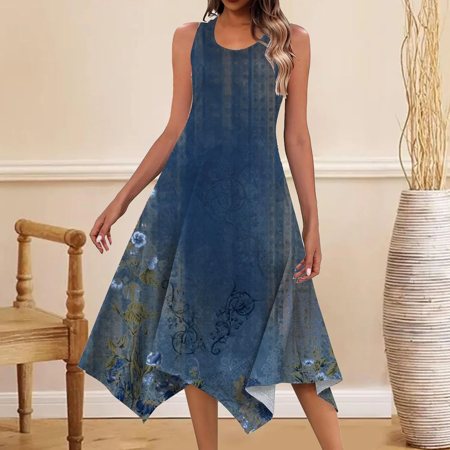 Sundresses for Women 2024 Casual Crewneck Printed Handkerchief Beach Dress Trendy High Waist Maxi Dress Summer Dress
