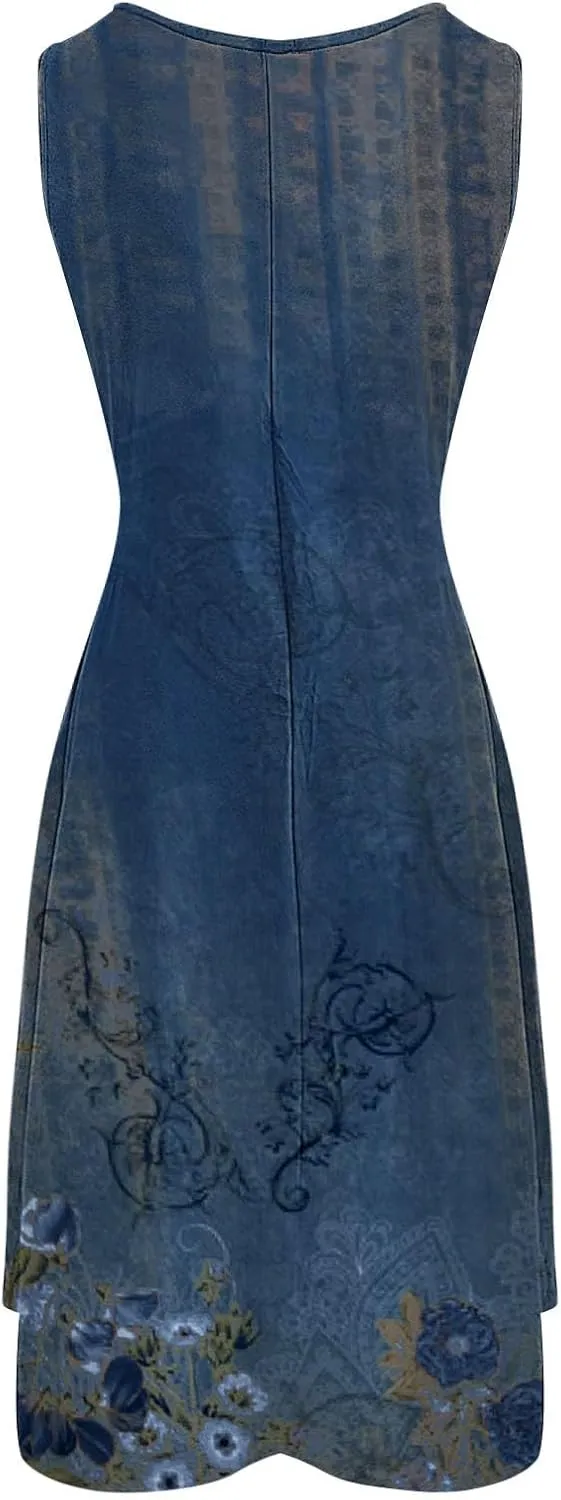 Sundresses for Women 2024 Casual Crewneck Printed Handkerchief Beach Dress Trendy High Waist Maxi Dress Summer Dress