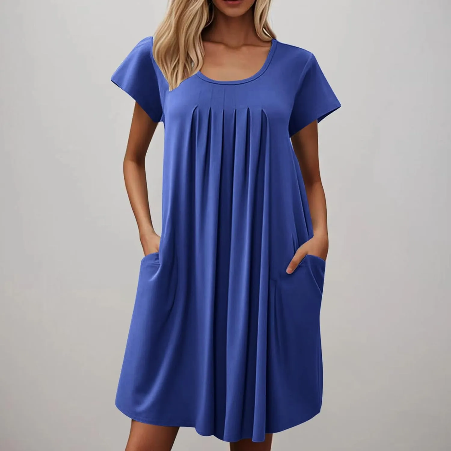 T Shirt Dresses for Women Casual Short Sleeve Loose Tunic Dress with Pockets Summer Pleated Swing Outfits