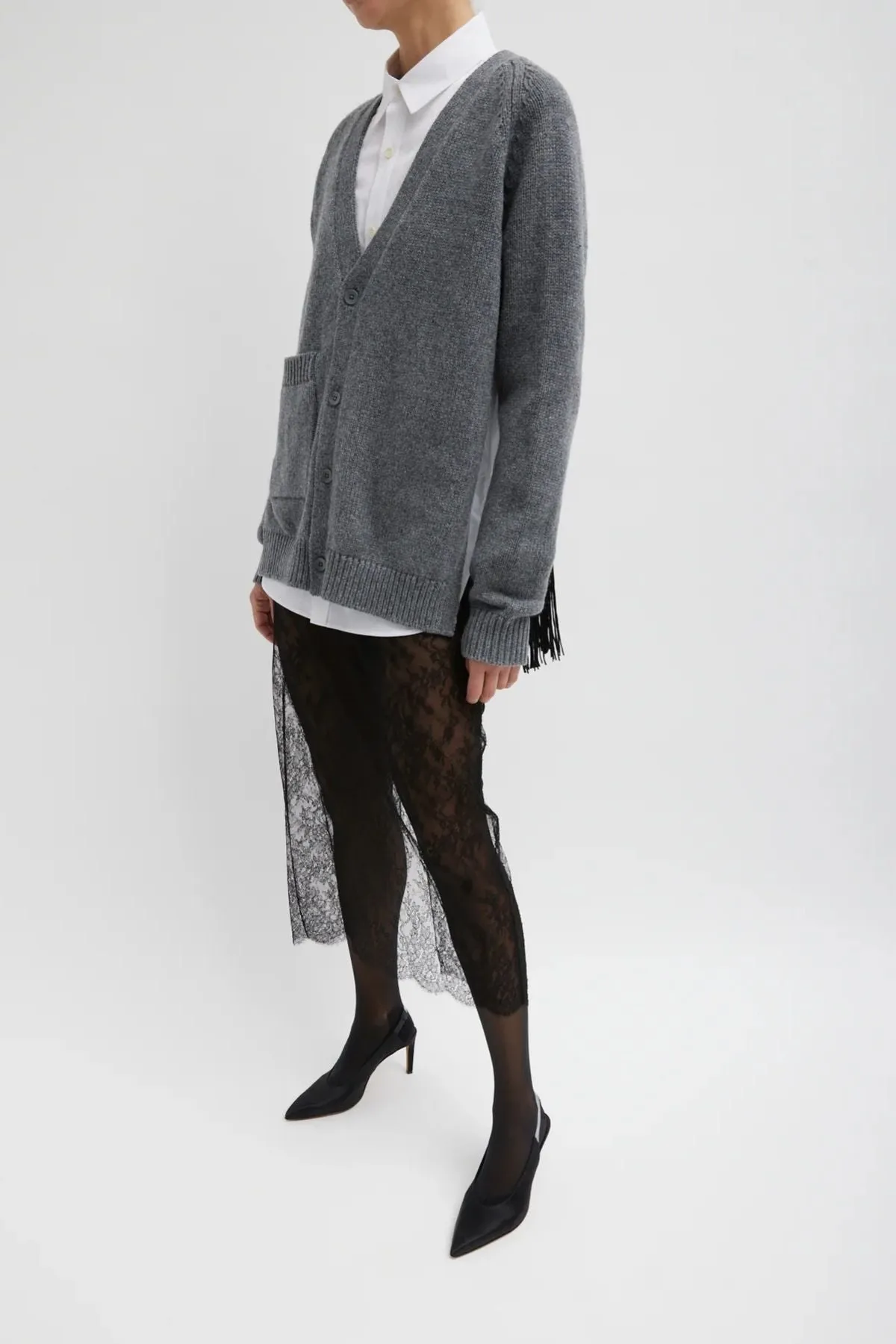 Tibi Soft Sweater Fringed Half Cardigan - Charcoal