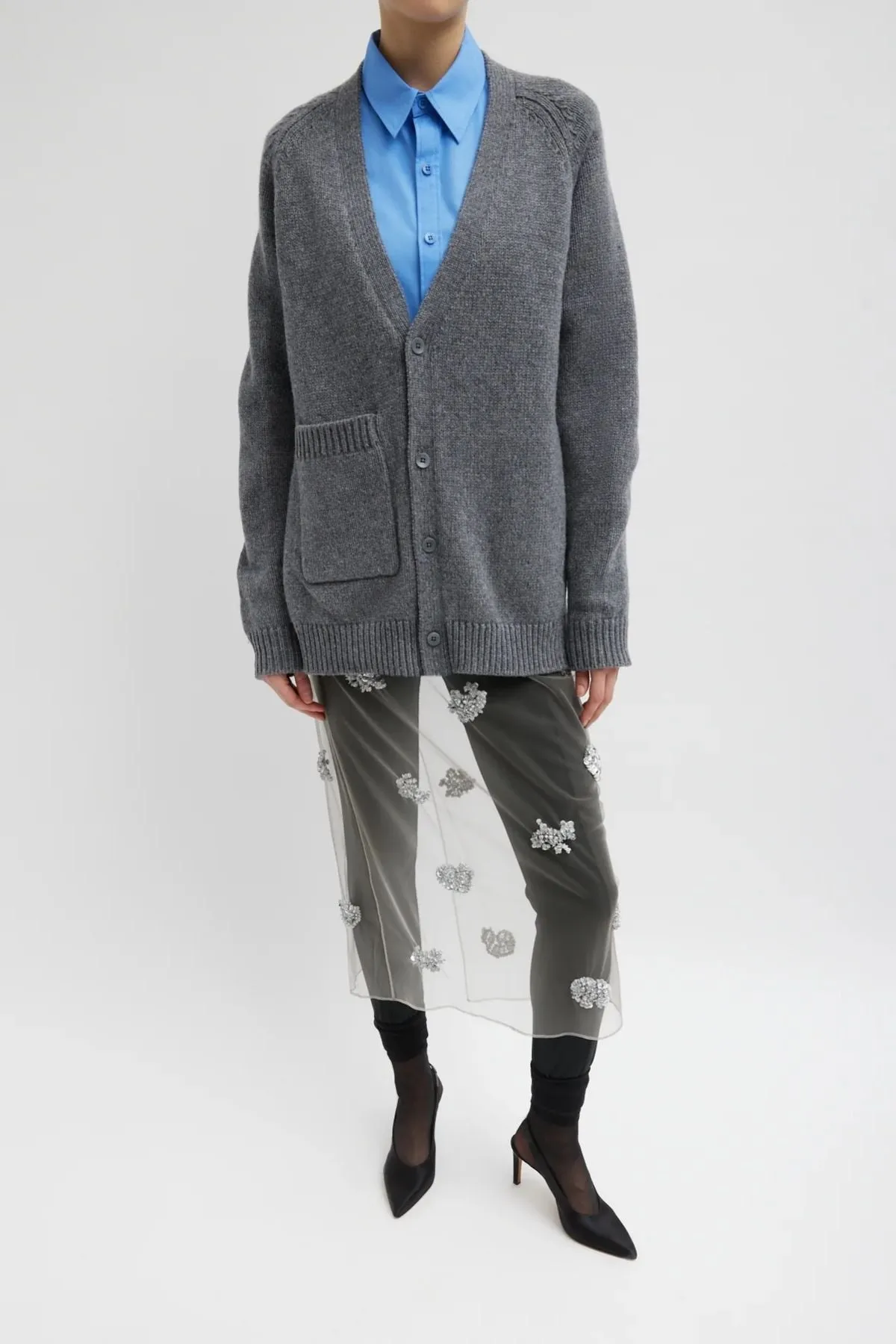 Tibi Soft Sweater Fringed Half Cardigan - Charcoal
