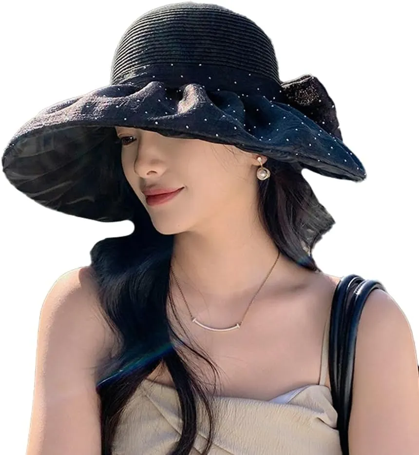 URAWOW Stylish Sun Hat for Women UPF 50  Wide Brim UV Protection Summer Hat with Elegant Bow Outdoor Gardening Beach Vacation