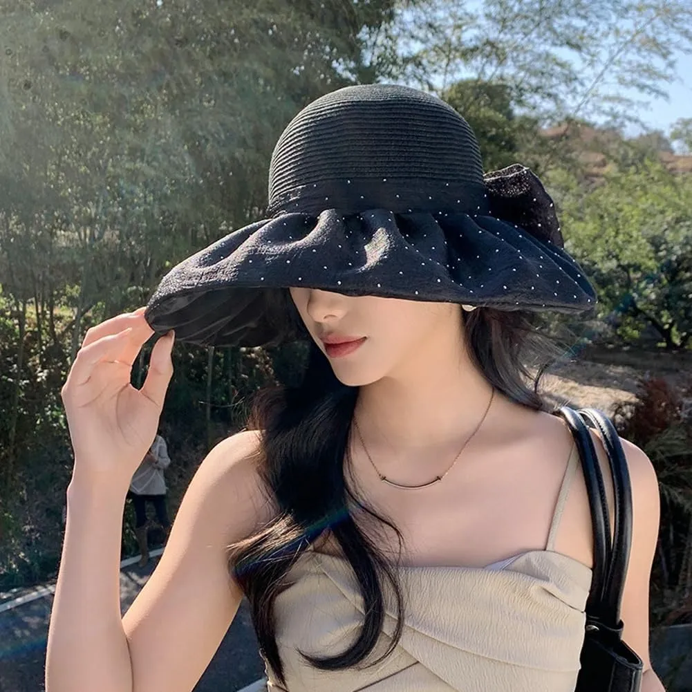 URAWOW Stylish Sun Hat for Women UPF 50  Wide Brim UV Protection Summer Hat with Elegant Bow Outdoor Gardening Beach Vacation