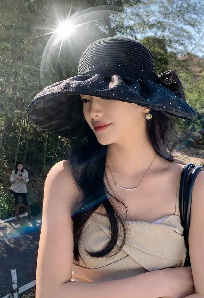 URAWOW Stylish Sun Hat for Women UPF 50  Wide Brim UV Protection Summer Hat with Elegant Bow Outdoor Gardening Beach Vacation