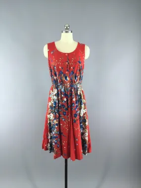 Vintage 1950s Cotton Sundress / Red Floral Print