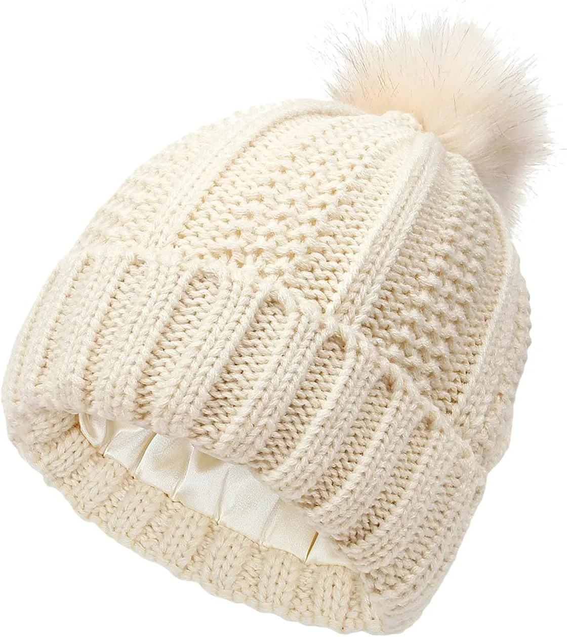Winter Beanie Hat for Women Cotton Lined Pompom Hats Womens Chunky Trendy Warm Thick Knit Cap