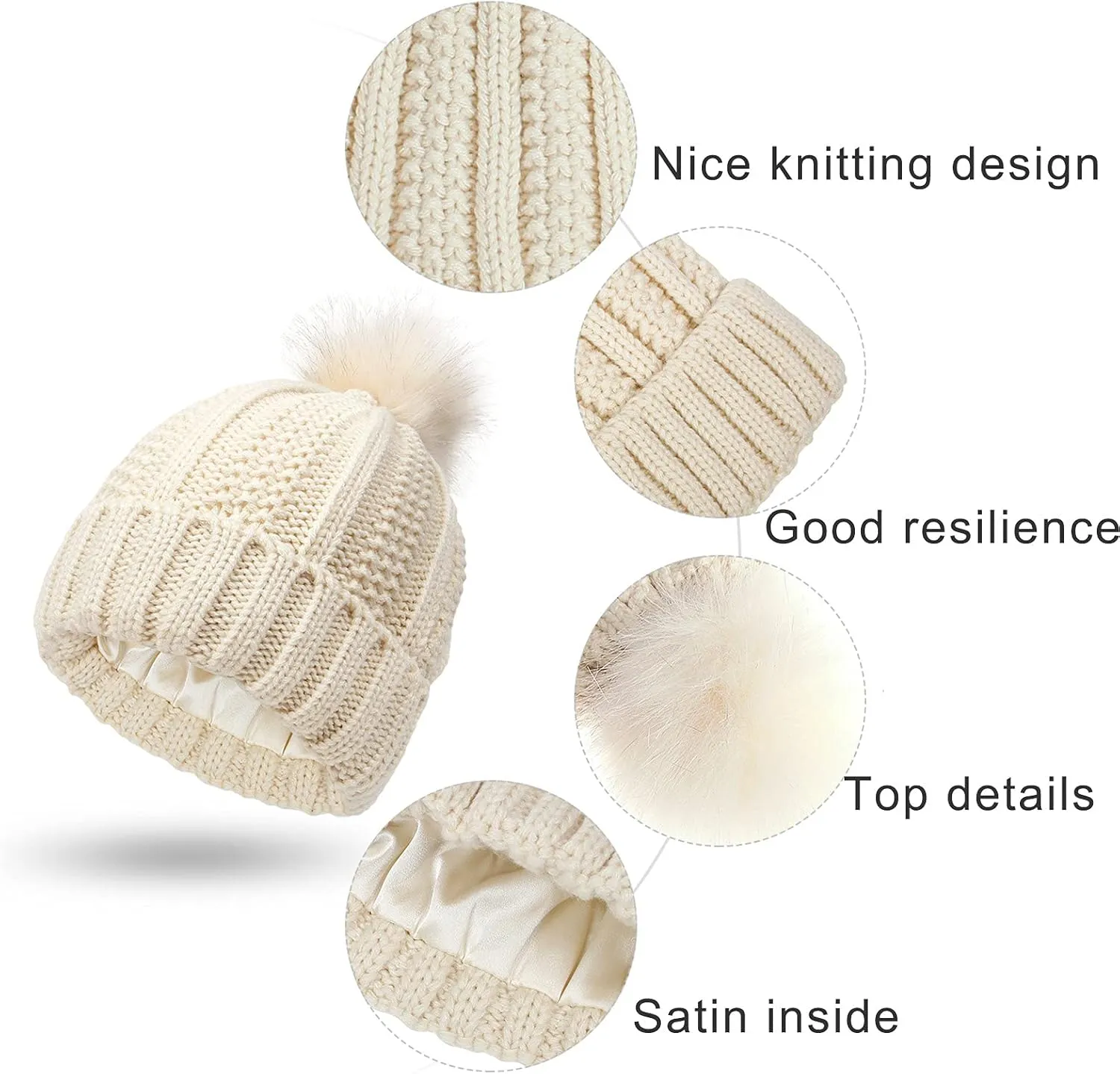 Winter Beanie Hat for Women Cotton Lined Pompom Hats Womens Chunky Trendy Warm Thick Knit Cap