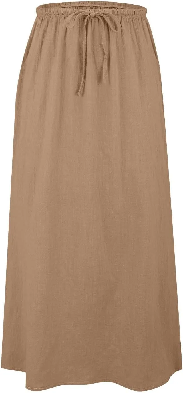 Women Boho Linen Maxi Skirts Trendy Comfy Drawstring Waist A Line Cute Bohemian 2025 Summer Vacation Flowy Skirts