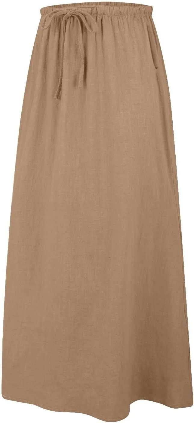 Women Boho Linen Maxi Skirts Trendy Comfy Drawstring Waist A Line Cute Bohemian 2025 Summer Vacation Flowy Skirts