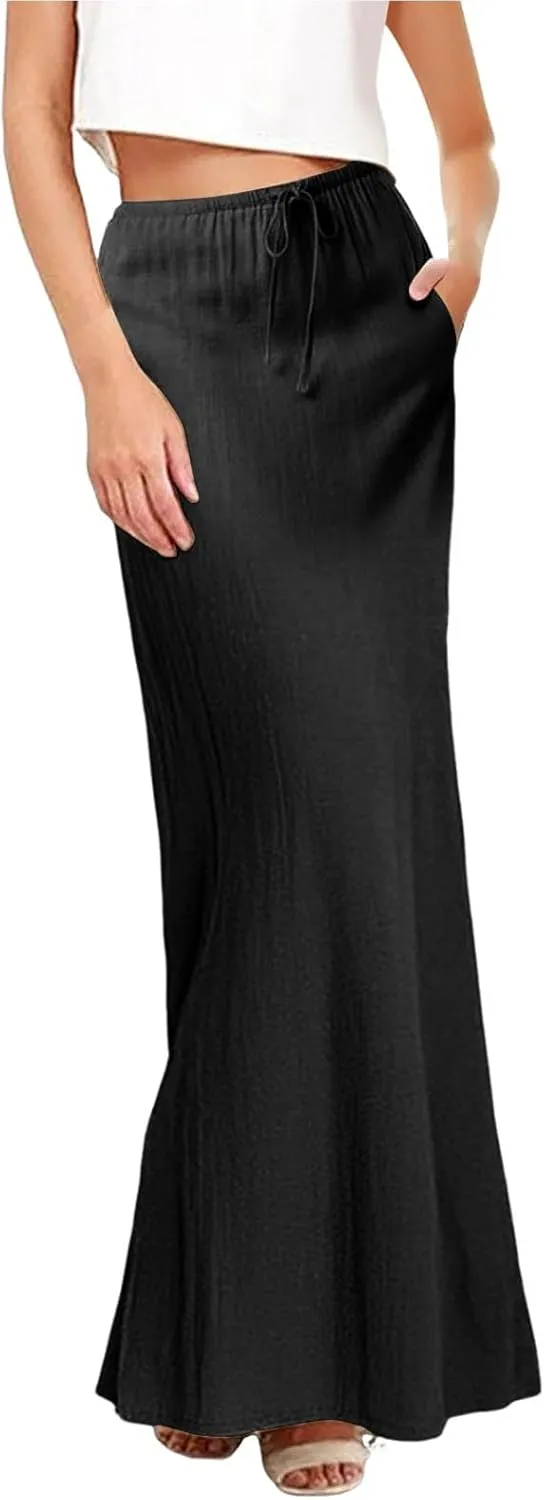 Women Boho Linen Maxi Skirts Trendy Comfy Drawstring Waist A Line Cute Bohemian 2025 Summer Vacation Flowy Skirts