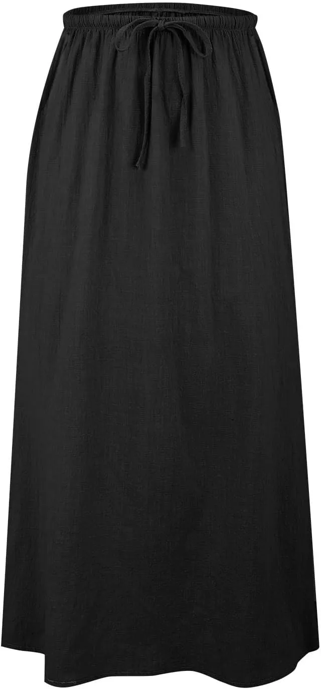 Women Boho Linen Maxi Skirts Trendy Comfy Drawstring Waist A Line Cute Bohemian 2025 Summer Vacation Flowy Skirts