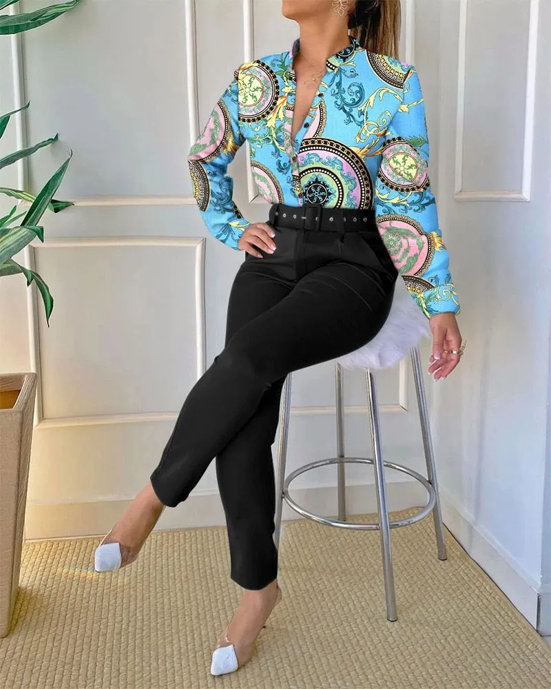 Women Elegant Fashion Print Long Sleeve Top and Pants Set with Belt