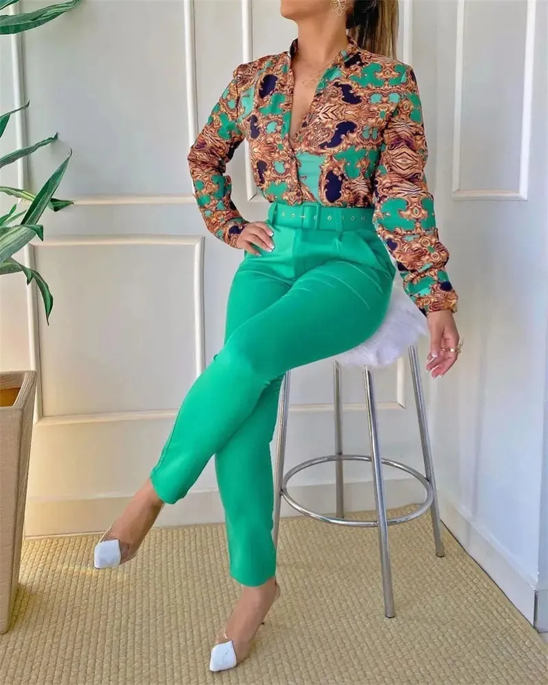 Women Elegant Fashion Print Long Sleeve Top and Pants Set with Belt