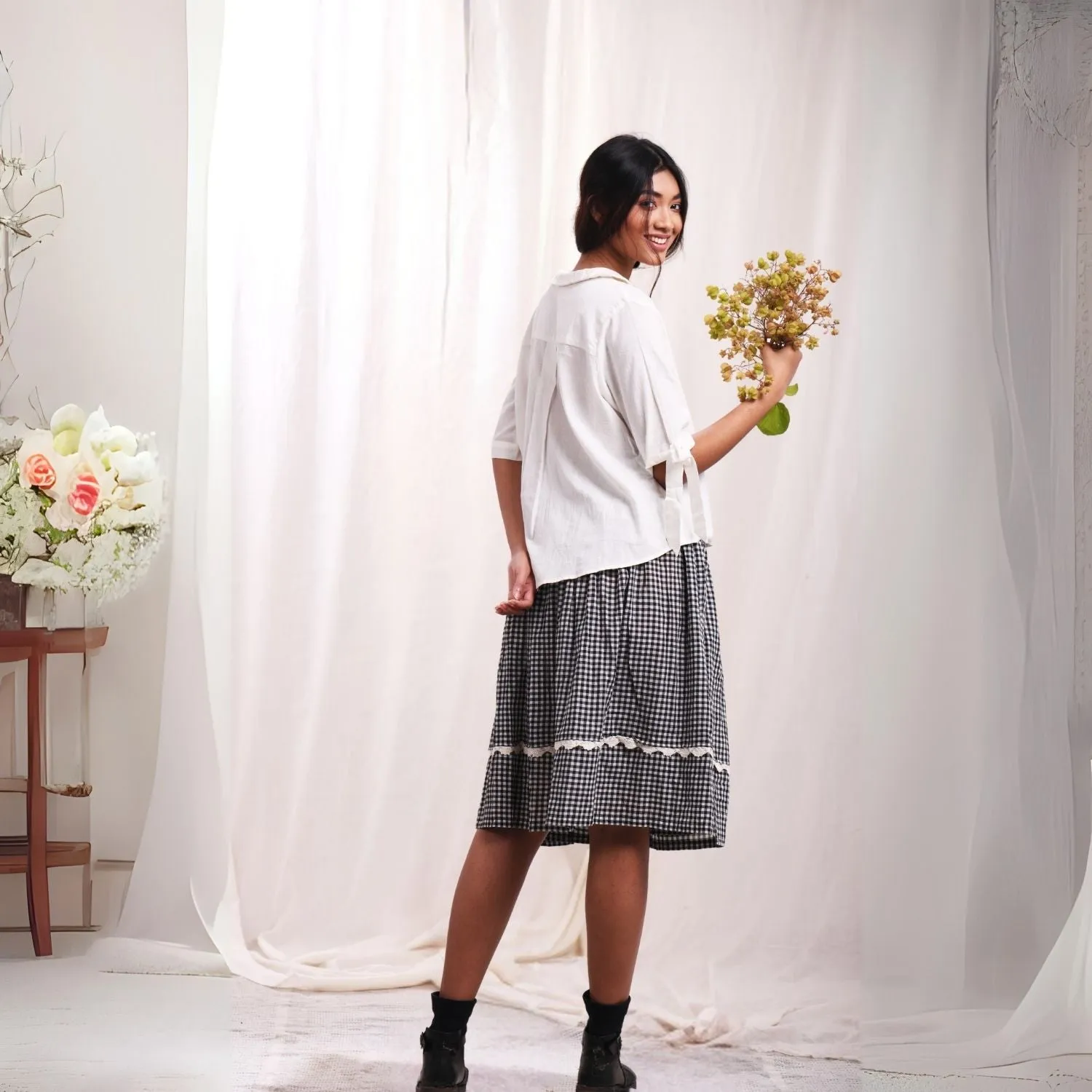 Women Wrap Skirt | Check Cotton Muslin | Crochet Work | Relaxed Fit | Black