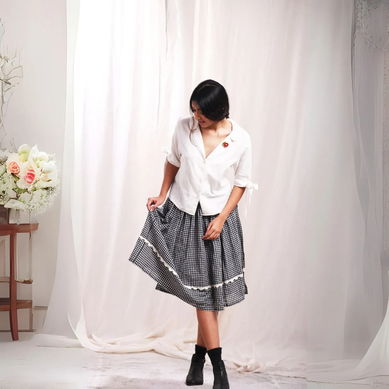 Women Wrap Skirt | Check Cotton Muslin | Crochet Work | Relaxed Fit | Black