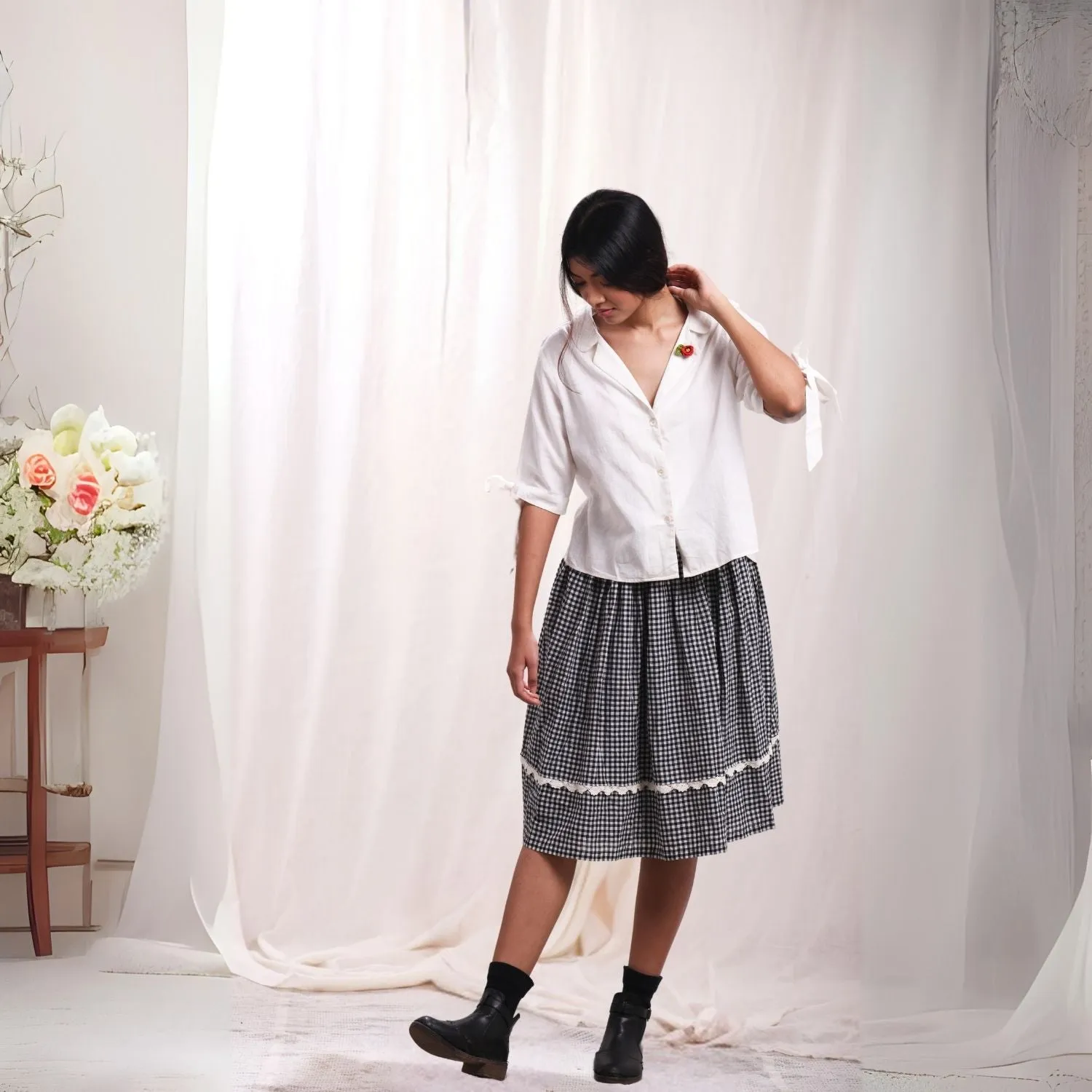 Women Wrap Skirt | Check Cotton Muslin | Crochet Work | Relaxed Fit | Black