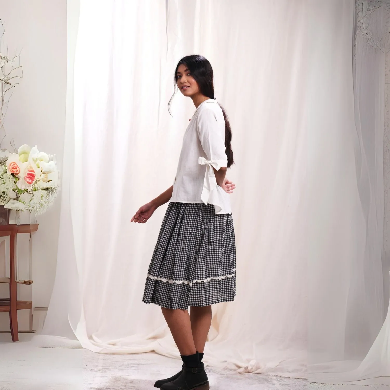 Women Wrap Skirt | Check Cotton Muslin | Crochet Work | Relaxed Fit | Black