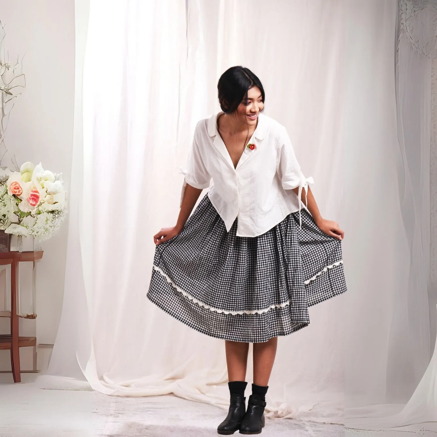 Women Wrap Skirt | Check Cotton Muslin | Crochet Work | Relaxed Fit | Black