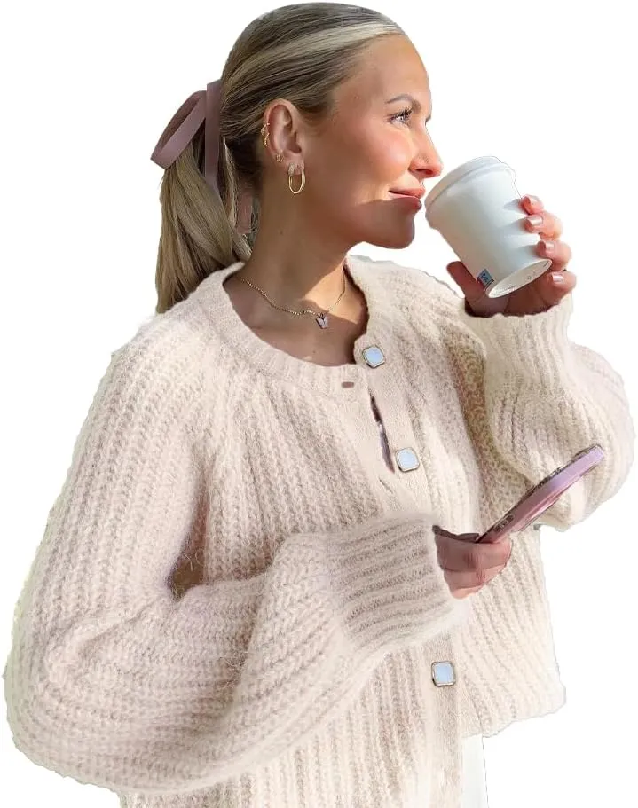 Womens 2024 Fall Cardigan Sweater Soft Chunky Knit Cardigan Crewneck Button Down Cropped Cardigan Outwear