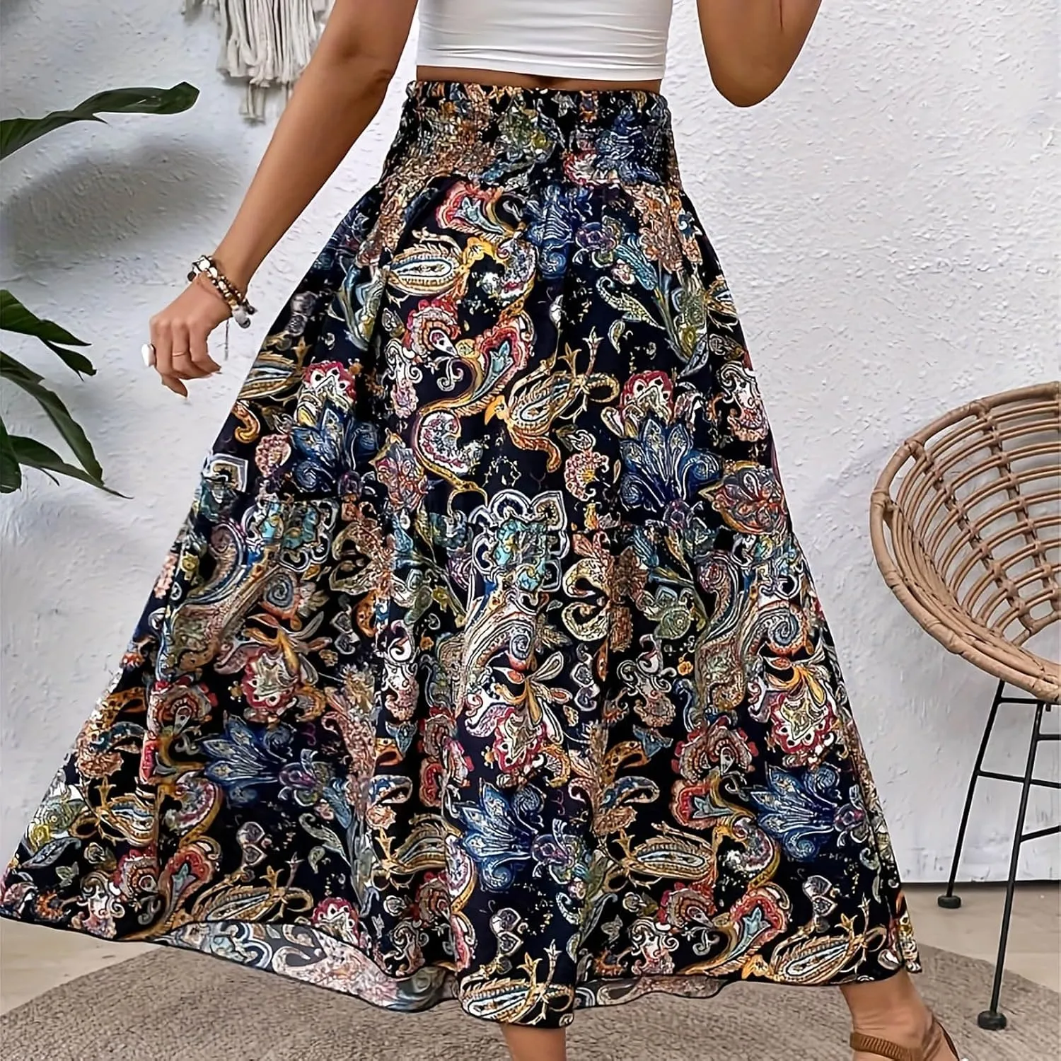 Womens Boho Paisley Print Skirt Vintage Floral Print Ruffle Swing Skirt Shirred Elastic High Waist Flared Long Skirt