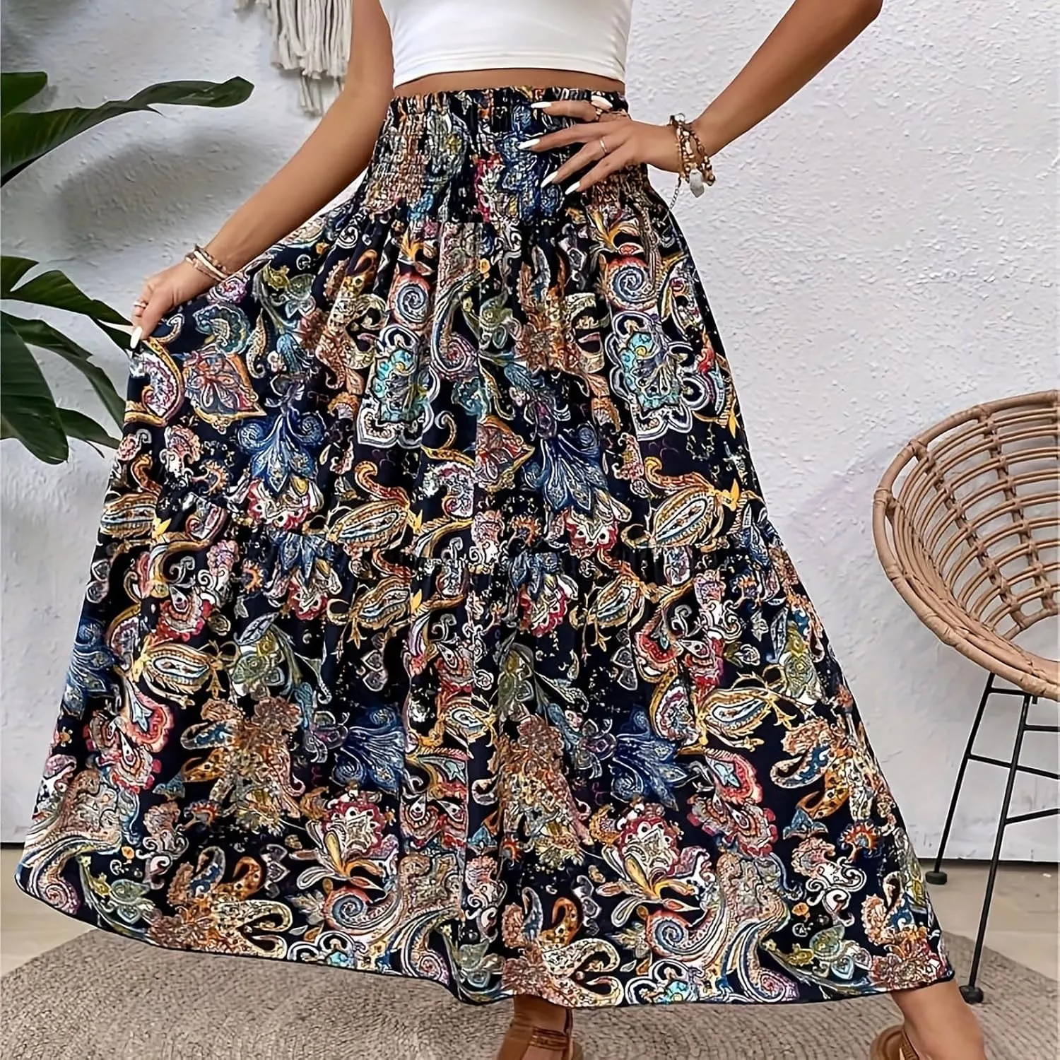 Womens Boho Paisley Print Skirt Vintage Floral Print Ruffle Swing Skirt Shirred Elastic High Waist Flared Long Skirt