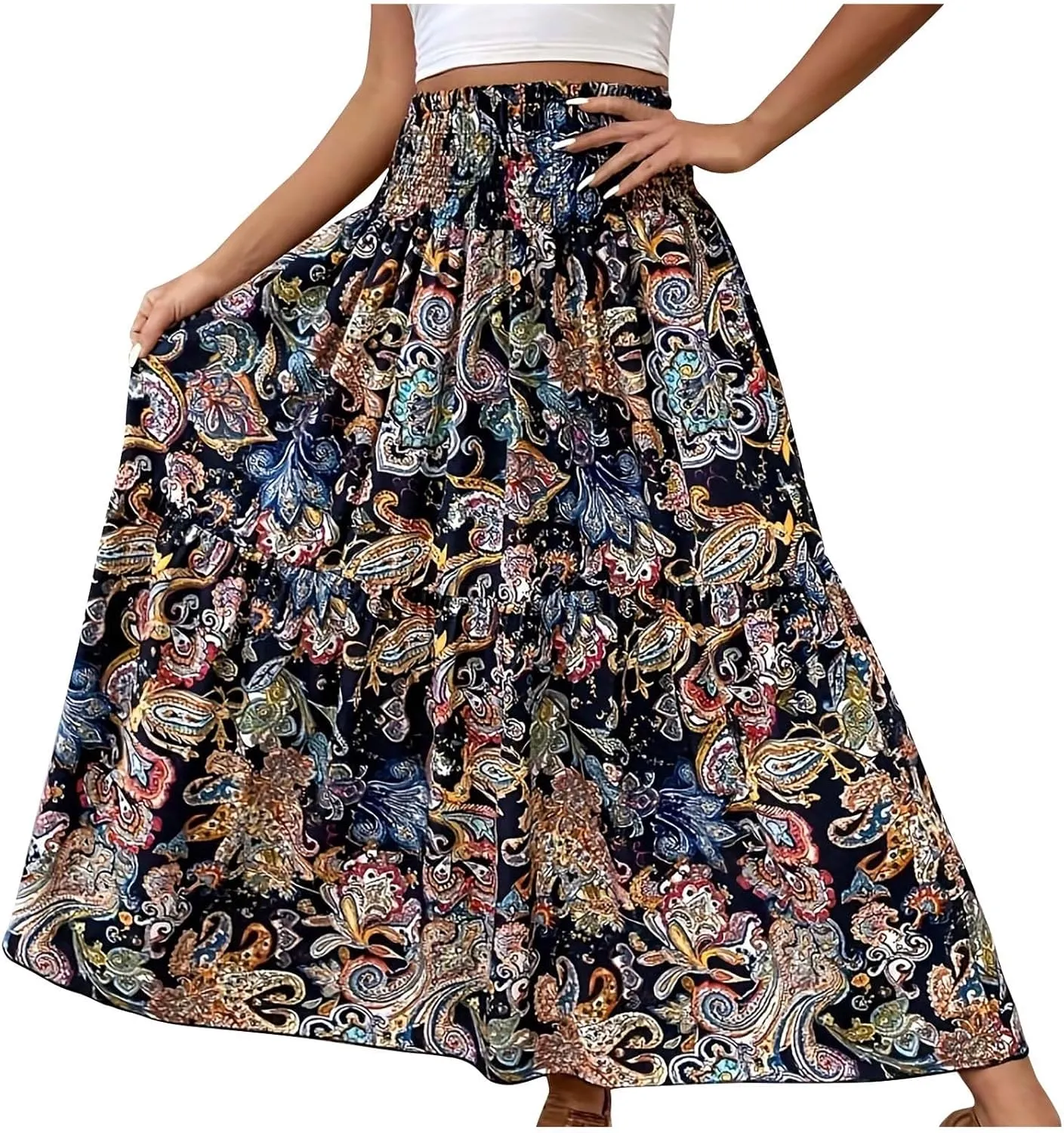 Womens Boho Paisley Print Skirt Vintage Floral Print Ruffle Swing Skirt Shirred Elastic High Waist Flared Long Skirt