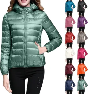 Women's Casual Lightweight Hooded Down Jacket Solid Color Casual Down Packable Warm Winter Jacket