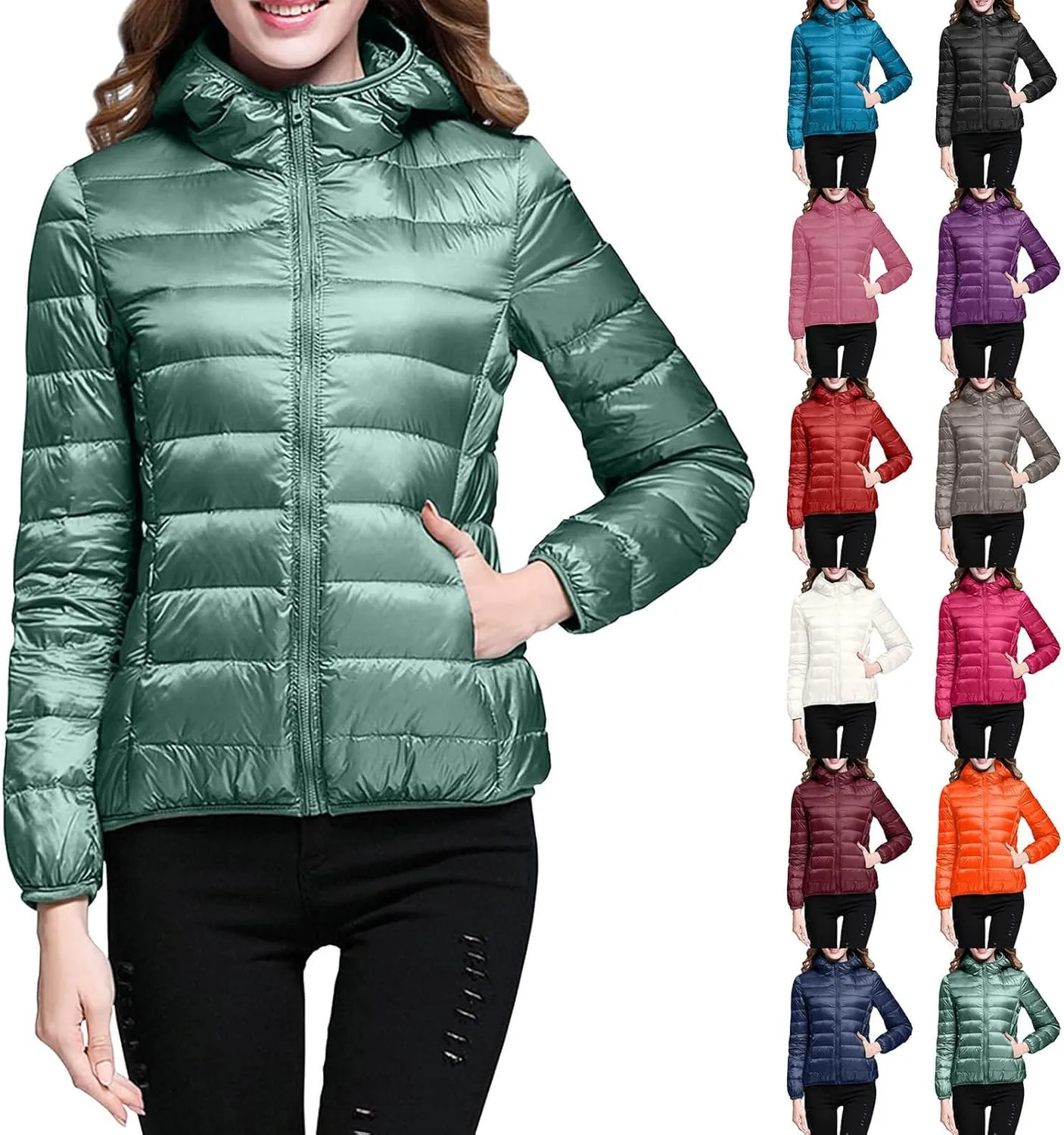 Women's Casual Lightweight Hooded Down Jacket Solid Color Casual Down Packable Warm Winter Jacket