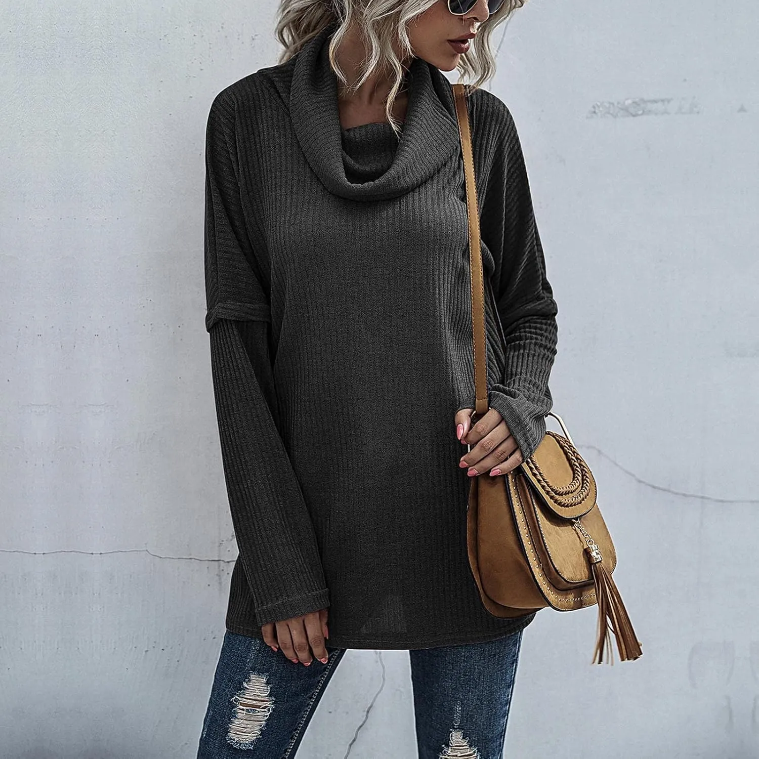 Women's Cowl Neck Casual Oversized Sweater Turtleneck Long Sleeve Tunic Ribbed Knit Pullover Tops Loose Soft Jumper