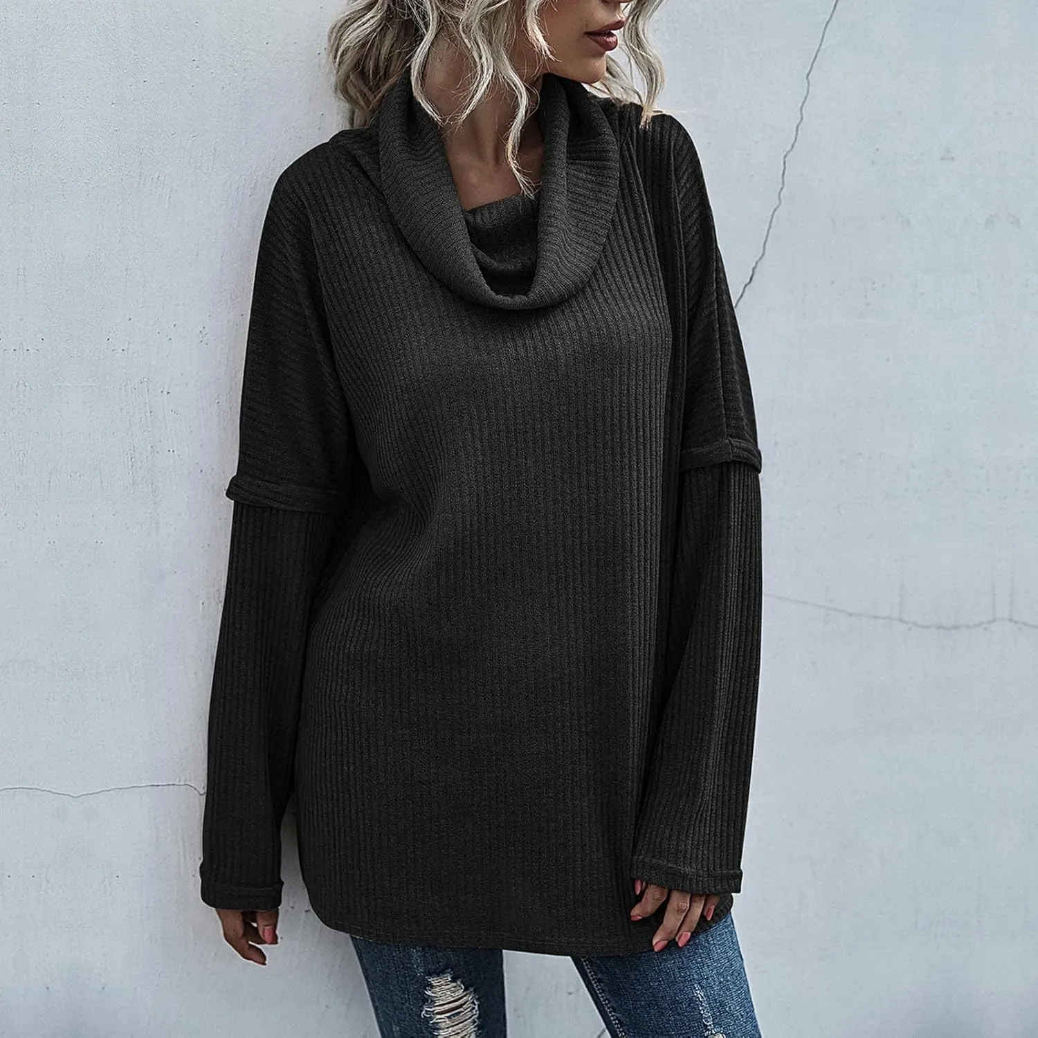 Women's Cowl Neck Casual Oversized Sweater Turtleneck Long Sleeve Tunic Ribbed Knit Pullover Tops Loose Soft Jumper