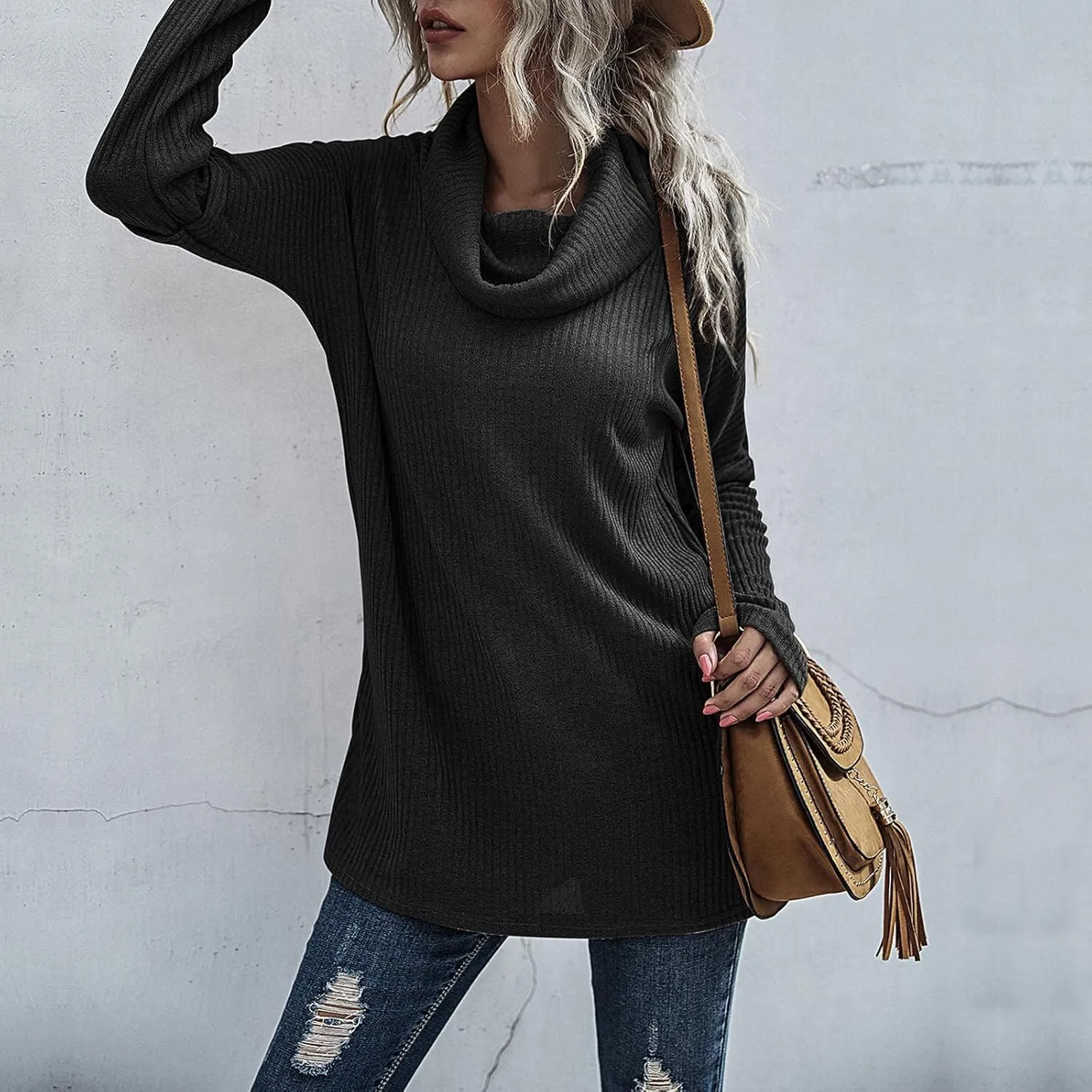 Women's Cowl Neck Casual Oversized Sweater Turtleneck Long Sleeve Tunic Ribbed Knit Pullover Tops Loose Soft Jumper