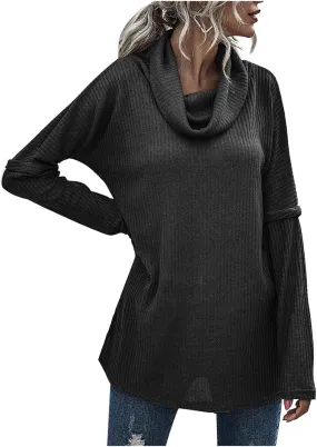 Women's Cowl Neck Casual Oversized Sweater Turtleneck Long Sleeve Tunic Ribbed Knit Pullover Tops Loose Soft Jumper