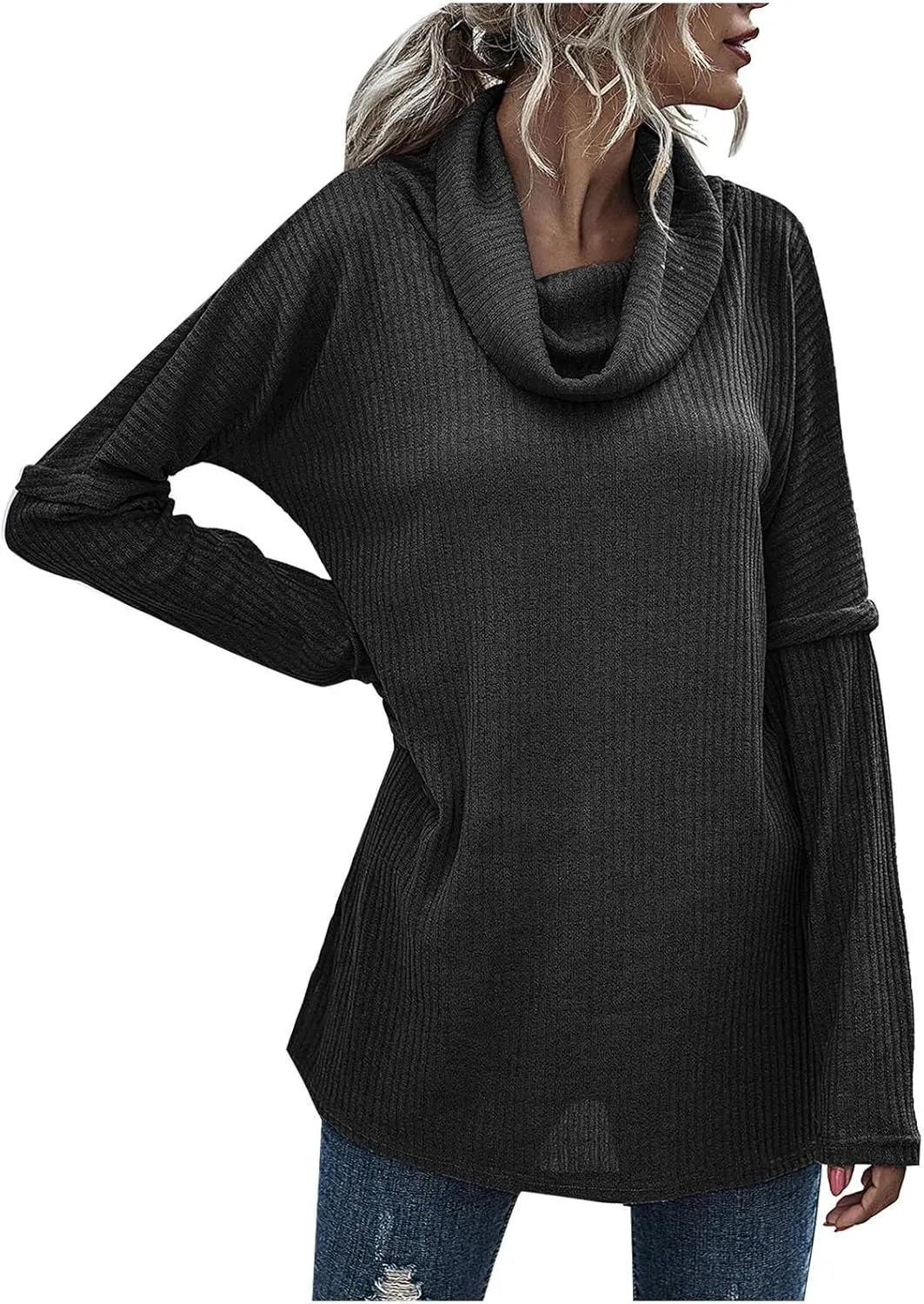 Women's Cowl Neck Casual Oversized Sweater Turtleneck Long Sleeve Tunic Ribbed Knit Pullover Tops Loose Soft Jumper