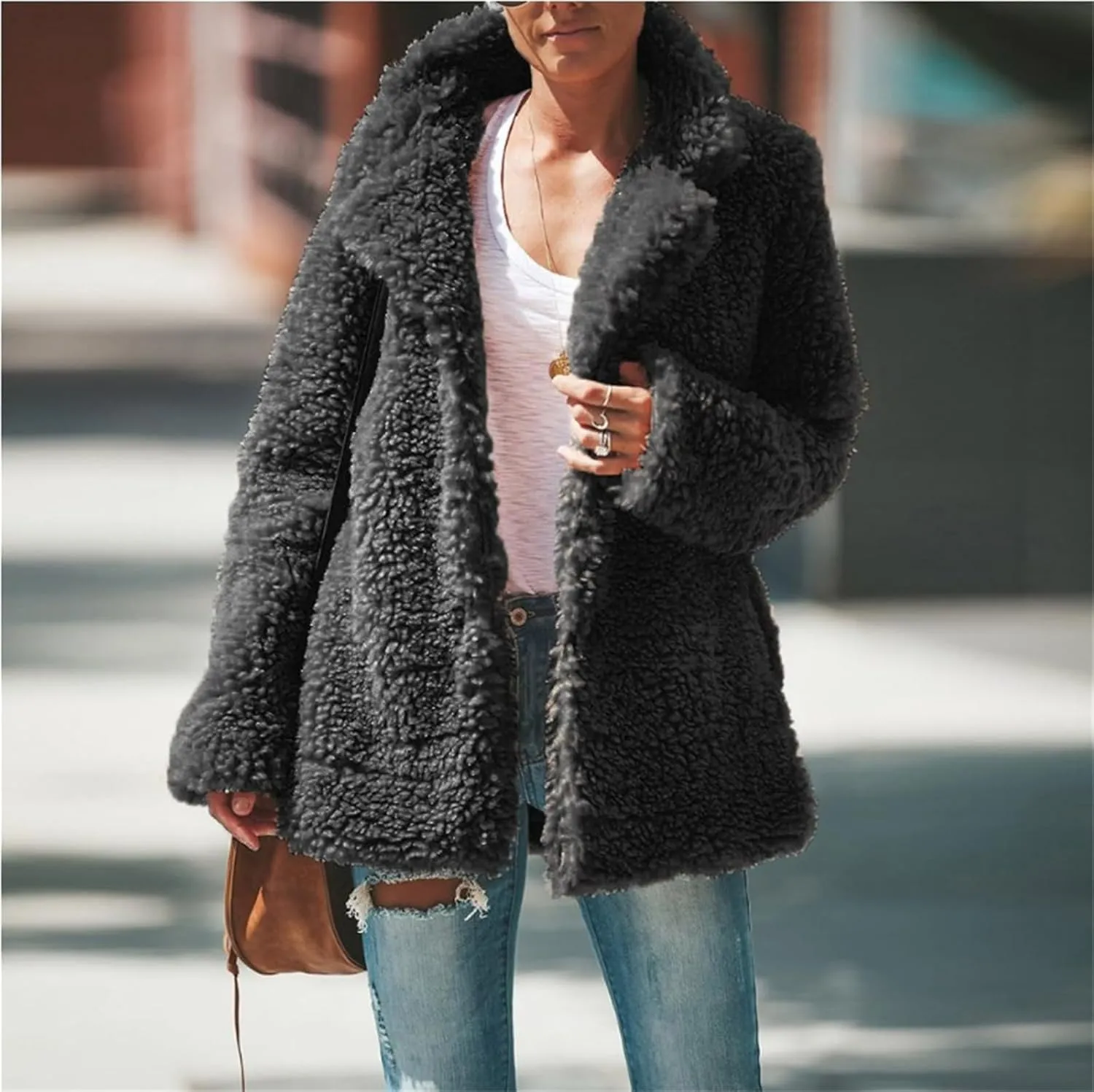 Womens Faux Fur Coat Outerwear Winter Comfortable Stylish Jacket with Pockets