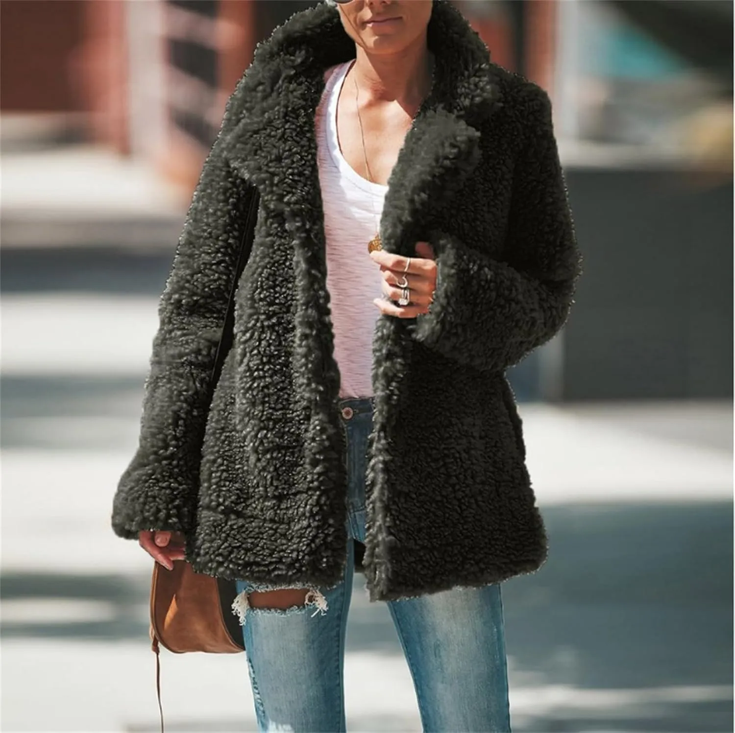 Womens Faux Fur Coat Outerwear Winter Comfortable Stylish Jacket with Pockets