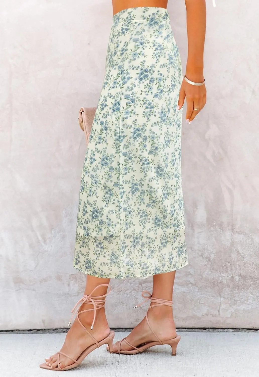Women’s Floral Print Midi Skirt Casual High Elastic Waist Zipper Vintage Long Boho Skirts for Women