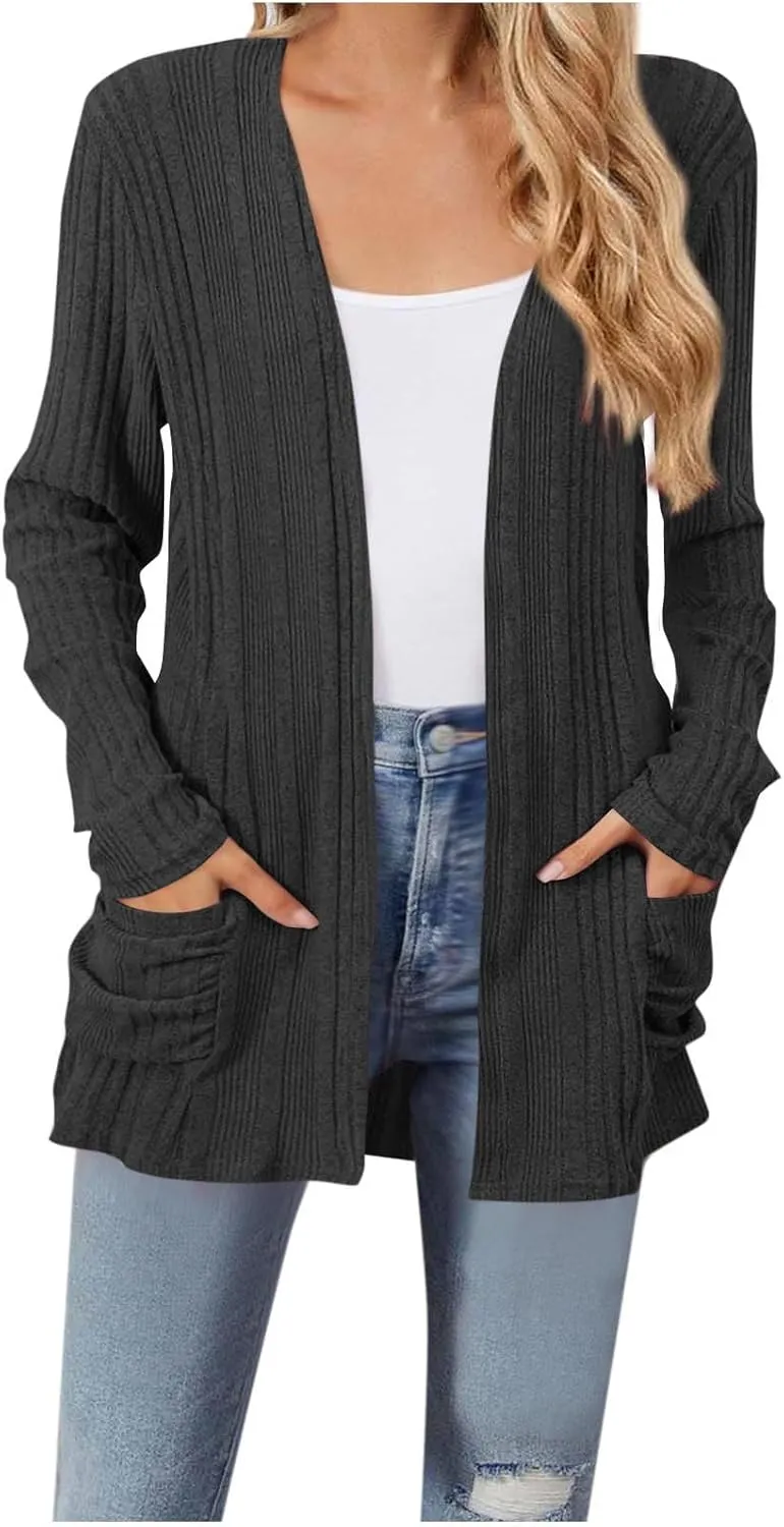 Womens Long Sleeve Cardigan Sweater Coat 2025 Lightweight Soft Knit Cardigan Casual V Neck Soft Coat with Pockets