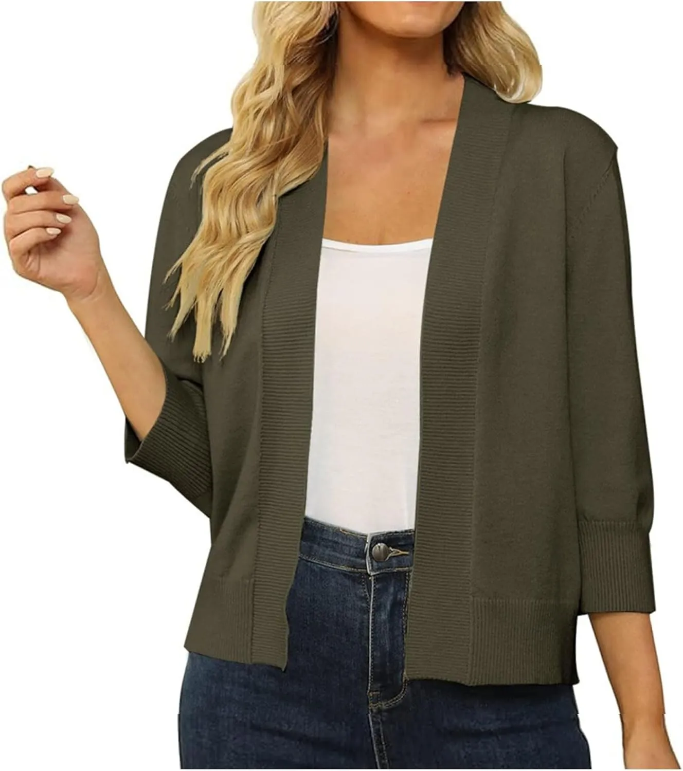 Women's Loose 3/4 Sleeve Cardigan Knitted Sweater Solid Color Cropped Tops Casual Soft Fall Blouse Outwear Coat