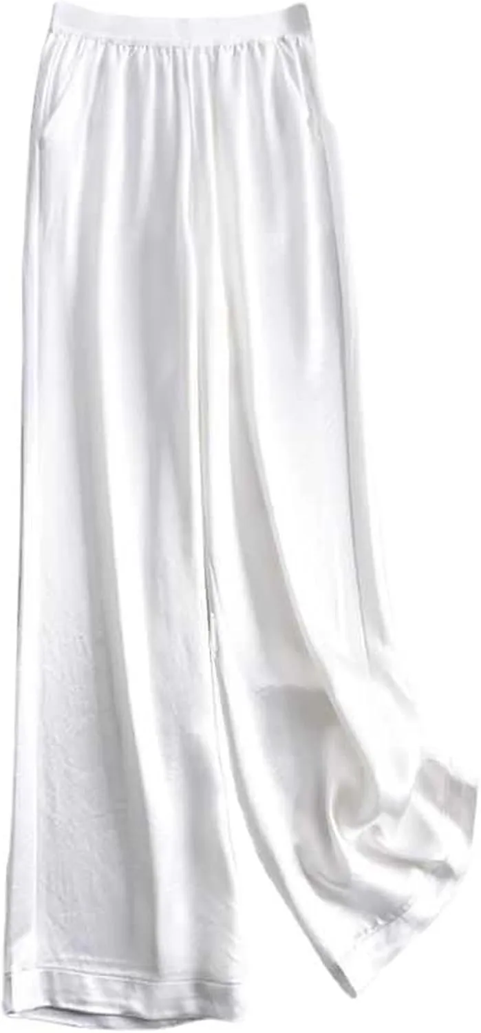 Women's Silk Wide Leg Pants, Loose Comfortable Straight Leg Casual Trousers, High Waist Elastic Waistband Long Pants