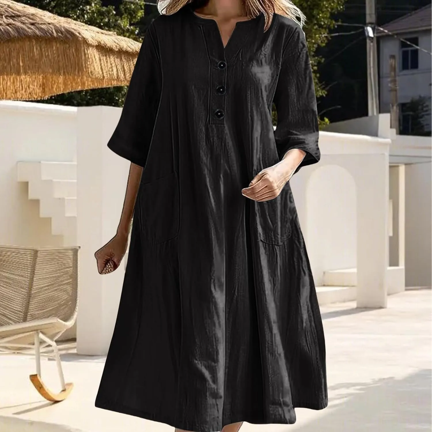 Womens Summer Cotton Linen Dress Oversized A-Line Flowly Beach Tunic Sundresses Short Sleeve Maxi Dress