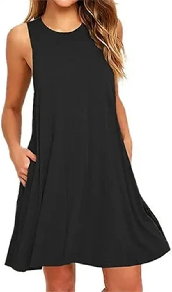 Women's Summer Round Neck Loose Dresses Solid Color Casual Lightweight Sleeveless Vest Dress